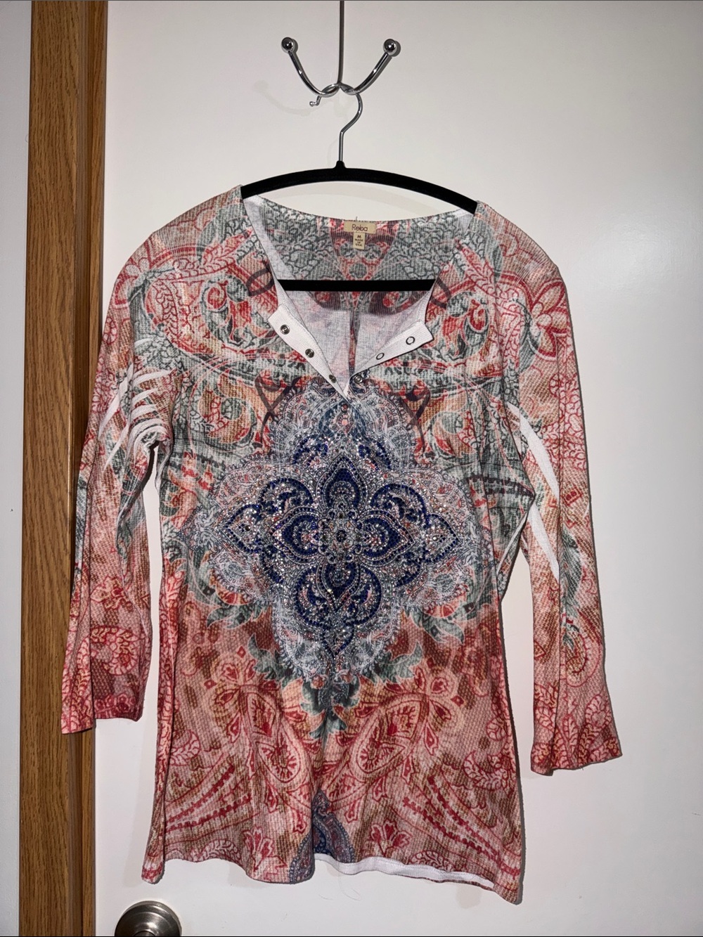 Reba Multi-Color Paisley‎ Medallion Henley Tunic - Red, Blue, Green